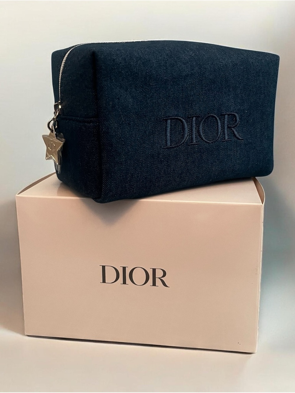 Dior Dark Navy Embroidered Cosmetic Pouch with Star Zip Charm
